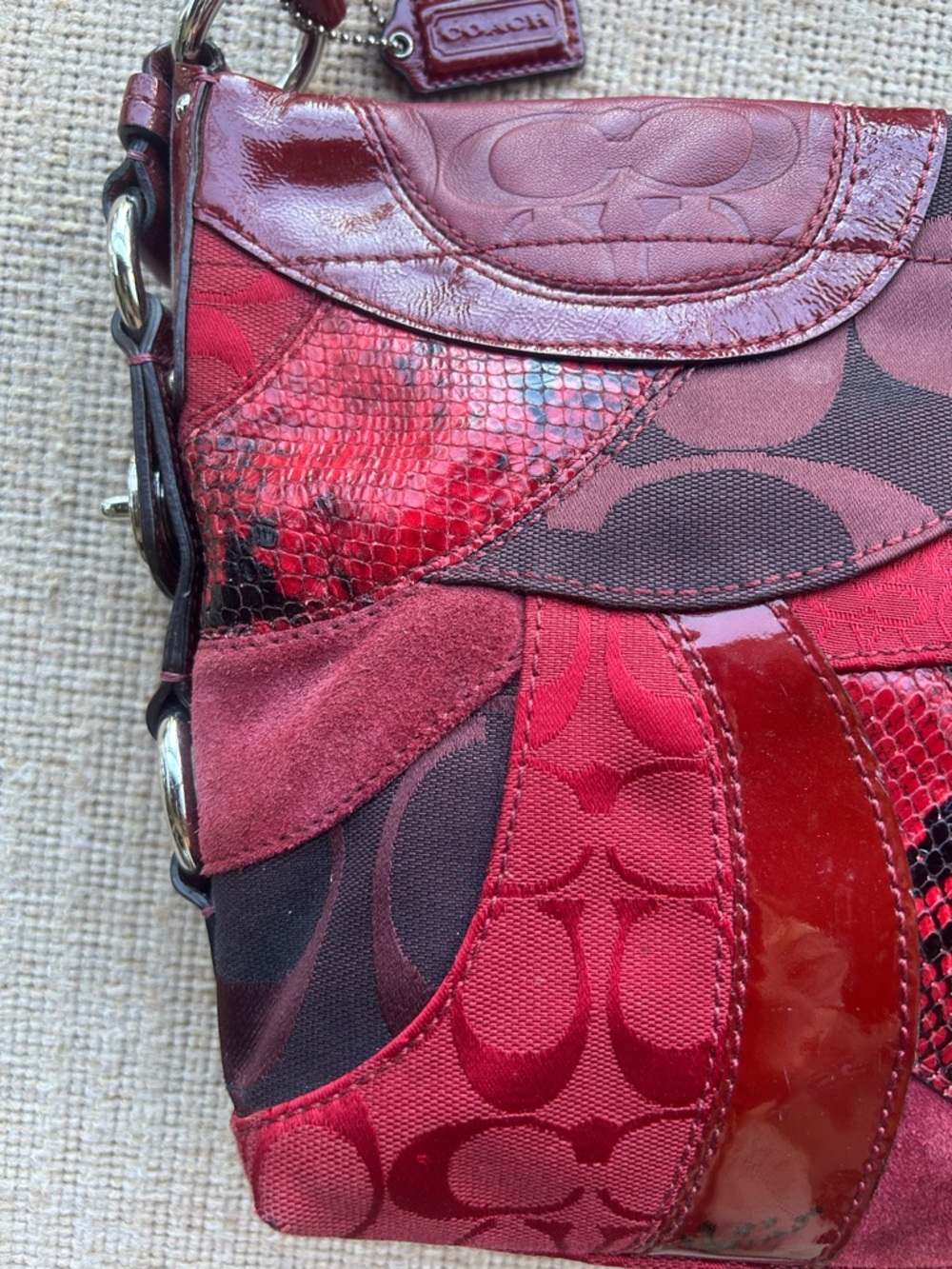 Vintage Zoe Coach Patchwork Red and Brown Shoulder Bag - Picture 3 of 10